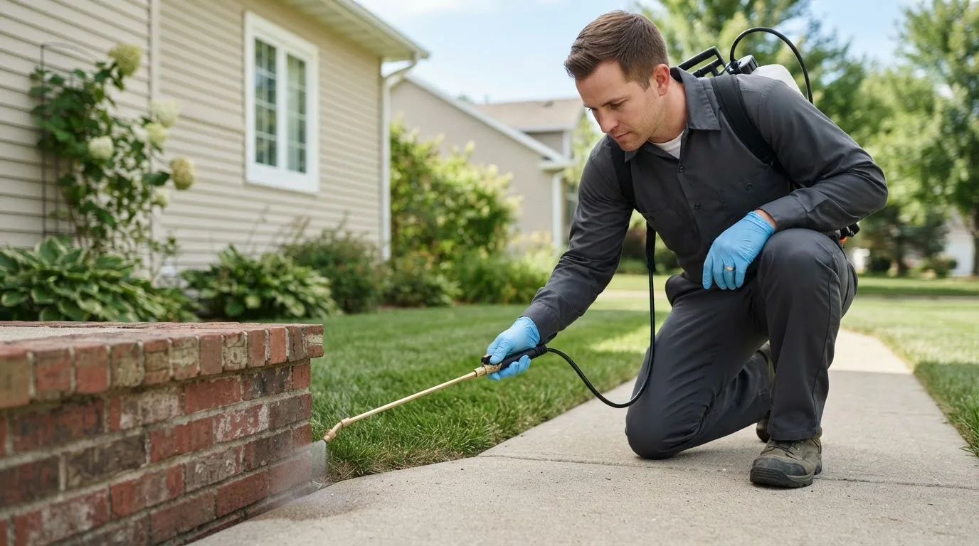 Pest control technician treating a home near Hansen, ID
